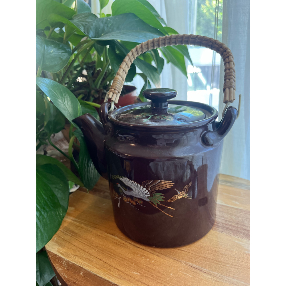 Vintage Japanese Crane Teapot - Brown Ceramic with Gold Accents & Rattan Handle - Picture 15 of 15